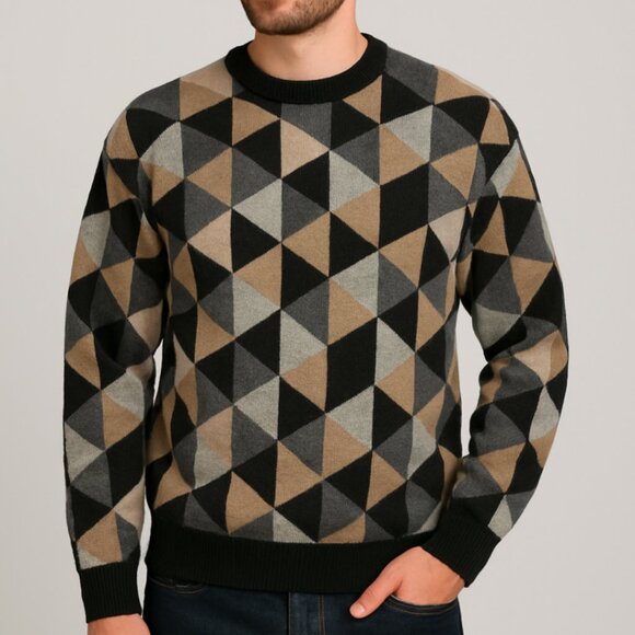 VTG Bullock & Jones 100% Alpaca Wool Sweater L Geometric Handmade Peru Black Tan - Picture 1 of 10